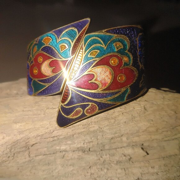 Vintage Hinged Cloisonné Butterfly Bracelet Gold Tone Enamel Bold Design Jewelry - Picture 9 of 10